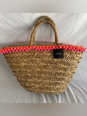 NWT- Saks Fifth Avenue Natural Straw Tote with Neon Pink Pom Trim
